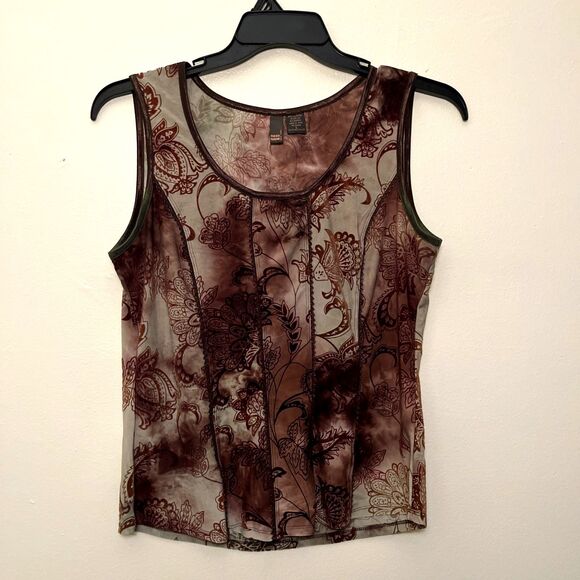SERENADE Vintage Y2K Boho Sheer Burnout Floral Velvet Whimsygoth Cami, Brown- L - Picture 1 of 7